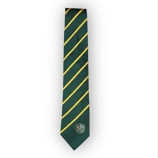 Green and Gold Striped Tommy Tie with Crest
