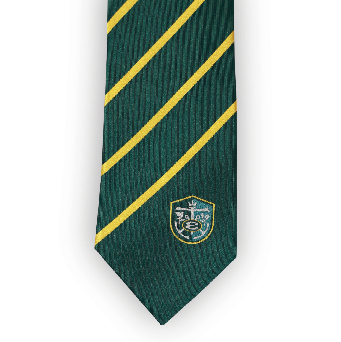 Green and Gold Striped Tommy Tie with Crest